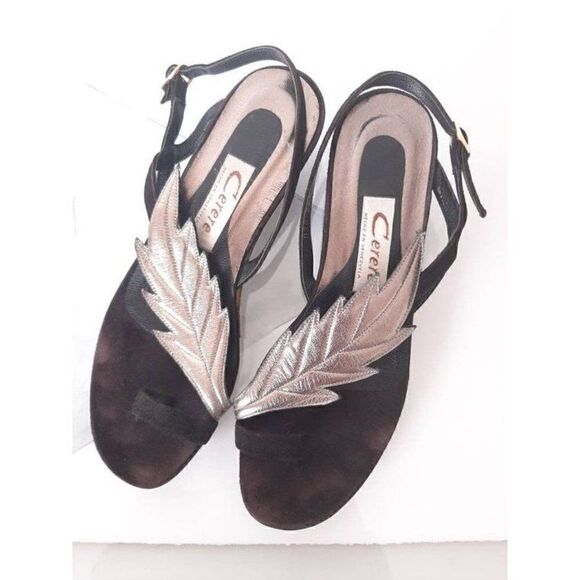 Vintage sling back sandals with leather leaf and buckle silver and black sz - 6 - Picture 4 of 5